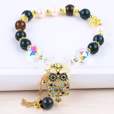 Brazalete con cuentas de piedras preciosas hecho a mano Brazalete de piedra de ágata india natural Brazalete de amuletos de búho ajustable Brazalete para la fiesta diaria