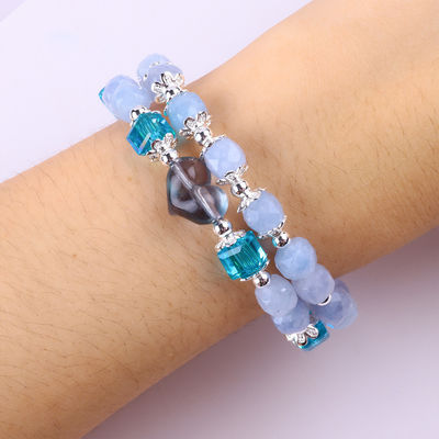 Brazalete con cuentas de piedras preciosas hechas a mano Brazalete de piedra de aguamarina Brazalete ajustable Brazalete de amuletos de corazón Brazalete para llevar todos los días