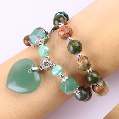 Brazalete con cuentas de piedras preciosas hecho a mano Brazalete de piedra natural Unakite Brazalete ajustable Corazón Verde Aventurino Brazalete para P