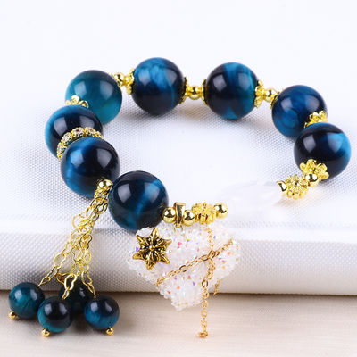 Brazalete con cuentas de piedras preciosas hecho a mano Ojo de tigre azul natural Brazalete de piedra ajustable Amuleto de corazón Brazalete para fiesta