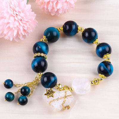 Brazalete con cuentas de piedras preciosas hecho a mano Ojo de tigre azul natural Brazalete de piedra ajustable Amuleto de corazón Brazalete para fiesta