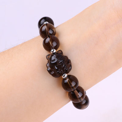 14mm de cuentas de cuarzo de cristal de cuentas de pulsera de humo con nueve cola de zorro tallado