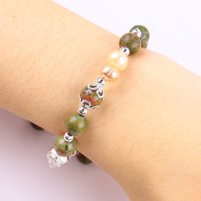 Piedra de Unakite y Perla Rosa con Encanto de Estrella Balanza de curación con pulsera para joyería