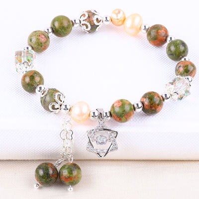 Piedra de Unakite y Perla Rosa con Encanto de Estrella Balanza de curación con pulsera para joyería