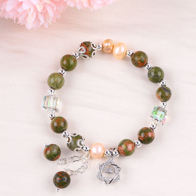 Piedra de Unakite y Perla Rosa con Encanto de Estrella Balanza de curación con pulsera para joyería