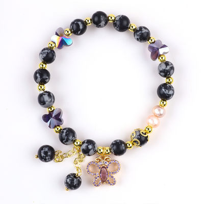 8MM de piedra natural curativa Copo de nieve Obsidiana con la mariposa púrpura Brazalete de perlas encantadoras