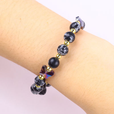 8MM de piedra natural curativa Copo de nieve Obsidiana con la mariposa púrpura Brazalete de perlas encantadoras