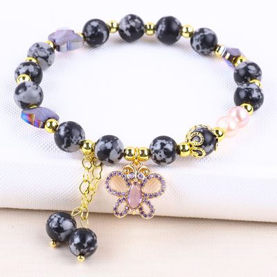 8MM de piedra natural curativa Copo de nieve Obsidiana con la mariposa púrpura Brazalete de perlas encantadoras