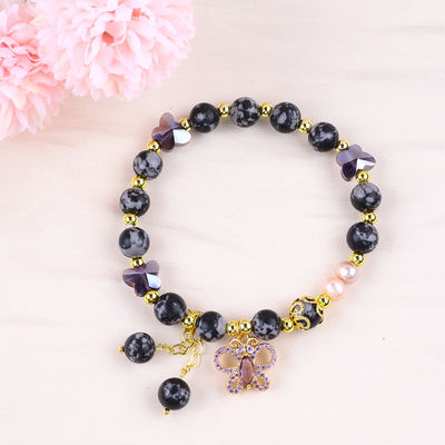 8MM de piedra natural curativa Copo de nieve Obsidiana con la mariposa púrpura Brazalete de perlas encantadoras