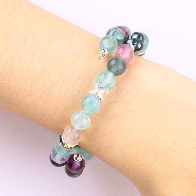 Cristales de fluorito hechos a medida con talla de flores de rosa de fluorito 8 mm de perlas redondas brazalete ajustable