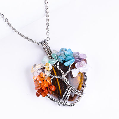 Adjustable ojo de tigre piedra preciosa 7 chakra árbol de la vida collar colgante