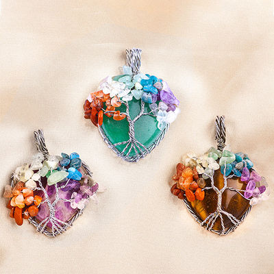 Adjustable ojo de tigre piedra preciosa 7 chakra árbol de la vida collar colgante
