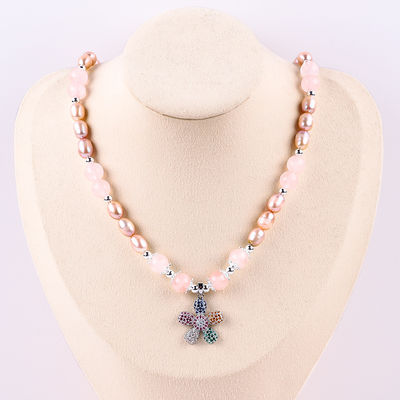 Collar de perlas de agua dulce rosa cuarzo 6mm cuentas cristal suéter collar