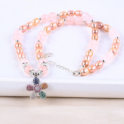 Collar de perlas de agua dulce rosa cuarzo 6mm cuentas cristal suéter collar