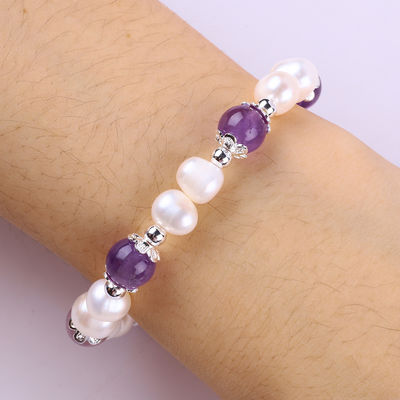 8 mm de perlas de amatista cristal blanco de agua dulce perla brazalete