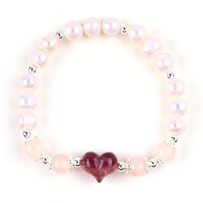 8MM Rosa de agua dulce Perla de estiramiento Brazalete de cristal de corazón tallado