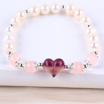 8MM Rosa de agua dulce Perla de estiramiento Brazalete de cristal de corazón tallado
