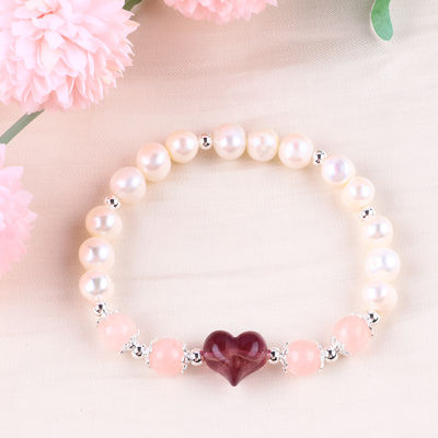 8MM Rosa de agua dulce Perla de estiramiento Brazalete de cristal de corazón tallado