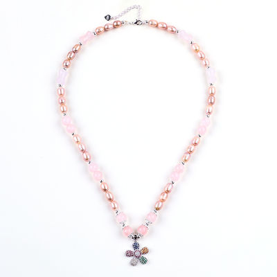 Collar de perlas de agua dulce rosa cuarzo 6mm cuentas cristal suéter collar