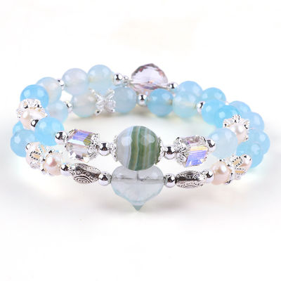 8 mm de forma redonda de ágata azul multifacético y perla de agua dulce blanca brazalete ajustable