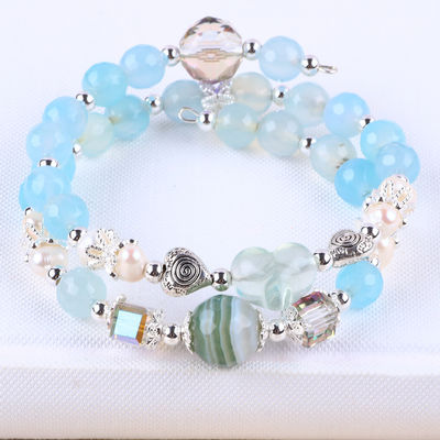 8 mm de forma redonda de ágata azul multifacético y perla de agua dulce blanca brazalete ajustable