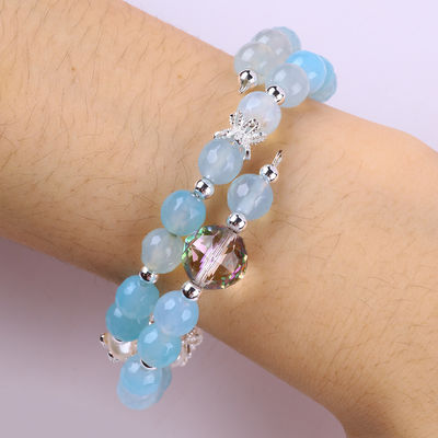 8 mm de forma redonda de ágata azul multifacético y perla de agua dulce blanca brazalete ajustable
