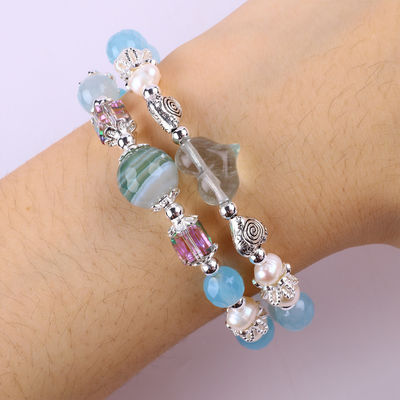 8 mm de forma redonda de ágata azul multifacético y perla de agua dulce blanca brazalete ajustable