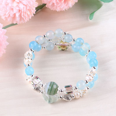8 mm de forma redonda de ágata azul multifacético y perla de agua dulce blanca brazalete ajustable