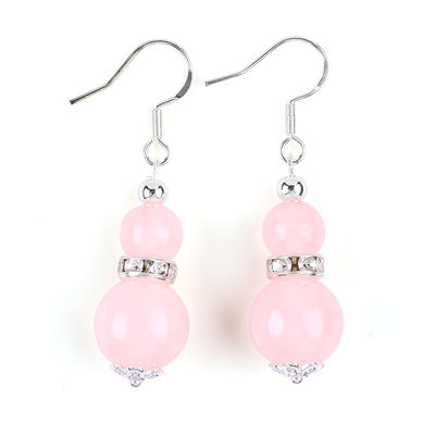 Orecillos hechos a mano de piedra cristalina de cuarzo rosa de piedra preciosa con cuentas de pendiente de orejas