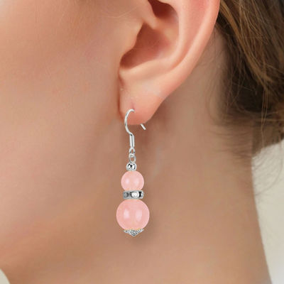 Orecillos hechos a mano de piedra cristalina de cuarzo rosa de piedra preciosa con cuentas de pendiente de orejas