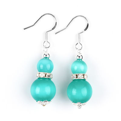 Orecillos de piedra de cristal hechos a mano Ojo de gato verde Orecillos de colgante de piedra preciosa con cuentas