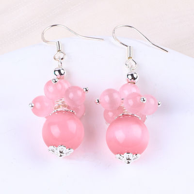 Orecillos de piedra de cristal hechos a mano Rosado Ojo de gato Flor de piedra preciosa Orecillos de cuentas