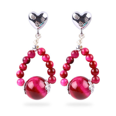 Los pendientes de piedra de cristal hechos a mano Rosas Ojo de tigre rojo Piedra preciosa con cuentas de corazón Encantadores Pendentes