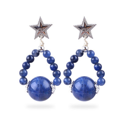 Aretes hechos a mano de piedra cristalina, piedras preciosas de sodalita, con perlas, con astros encantadores, con pendientes, con pendientes.