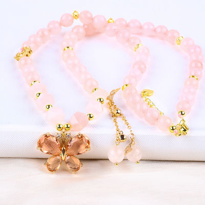 Encantador de mariposas rosa piedra de cuarzo suéter de cristal collar curación emocional