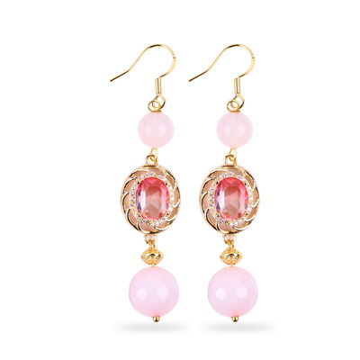 Multifasa de cristal natural rosa de cuarzo con forma redonda con forma ovalada rosa con pendiente de perlas