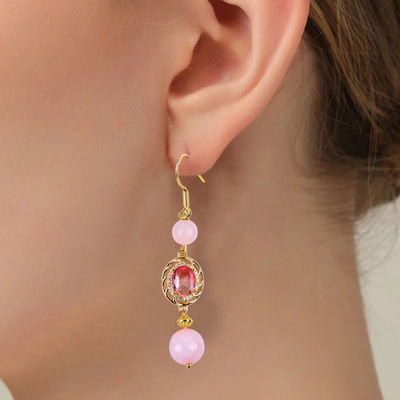 Multifasa de cristal natural rosa de cuarzo con forma redonda con forma ovalada rosa con pendiente de perlas