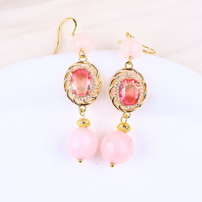 Multifasa de cristal natural rosa de cuarzo con forma redonda con forma ovalada rosa con pendiente de perlas