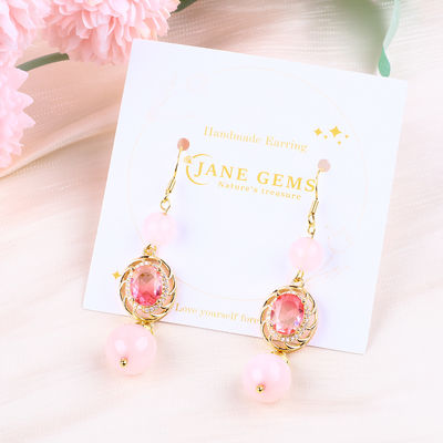 Multifasa de cristal natural rosa de cuarzo con forma redonda con forma ovalada rosa con pendiente de perlas