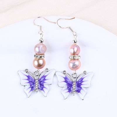 9MM Púrpura Barroco Perlas de Agua Fresca Con Encanto de Mariposa