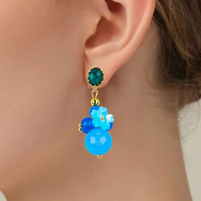 Cristales azules de calcedonia hechos a mano DIY colgante oval con orejas de punta de perla adecuadas para el uso diario