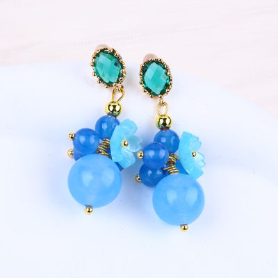 Cristales azules de calcedonia hechos a mano DIY colgante oval con orejas de punta de perla adecuadas para el uso diario