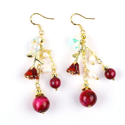 10MM 8MM Rosado Ojo de Tigre Rojo Cristal Y Perla Blanca Con Rosa Flor Dangle Largo Arete Para Fiesta Y Uso Diario
