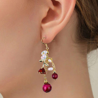 10MM 8MM Rosado Ojo de Tigre Rojo Cristal Y Perla Blanca Con Rosa Flor Dangle Largo Arete Para Fiesta Y Uso Diario