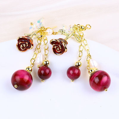 10MM 8MM Rosado Ojo de Tigre Rojo Cristal Y Perla Blanca Con Rosa Flor Dangle Largo Arete Para Fiesta Y Uso Diario