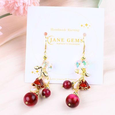 10MM 8MM Rosado Ojo de Tigre Rojo Cristal Y Perla Blanca Con Rosa Flor Dangle Largo Arete Para Fiesta Y Uso Diario