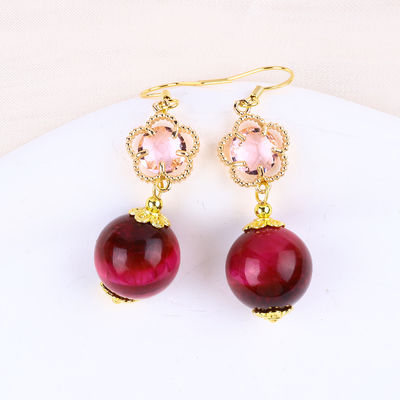 14MM Rosado Ojo de Tigre Rojo Con Flor Rosa Encantador Forma Redonda Corto Roto de Oídos Para Regalo de Fiesta