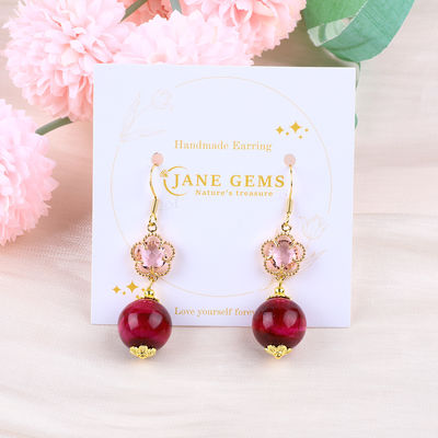 14MM Rosado Ojo de Tigre Rojo Con Flor Rosa Encantador Forma Redonda Corto Roto de Oídos Para Regalo de Fiesta