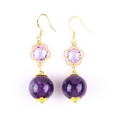 Cristales naturales de amatista hechos a mano 14MM Gran forma redonda con cuentas de perlas Con pendiente corta para joyería