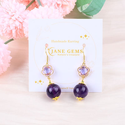 Cristales naturales de amatista hechos a mano 14MM Gran forma redonda con cuentas de perlas Con pendiente corta para joyería
